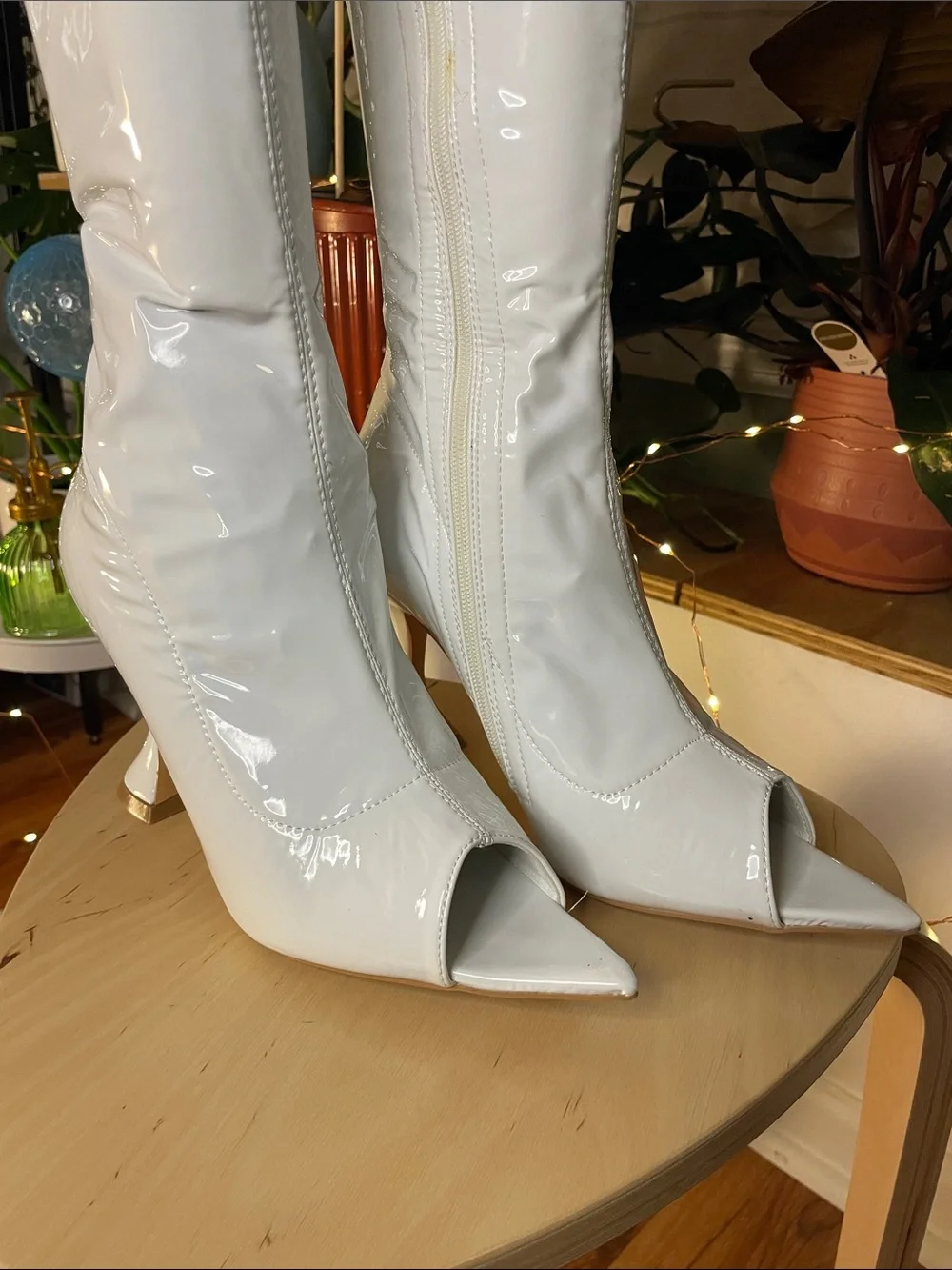 Thigh high peep toe boots